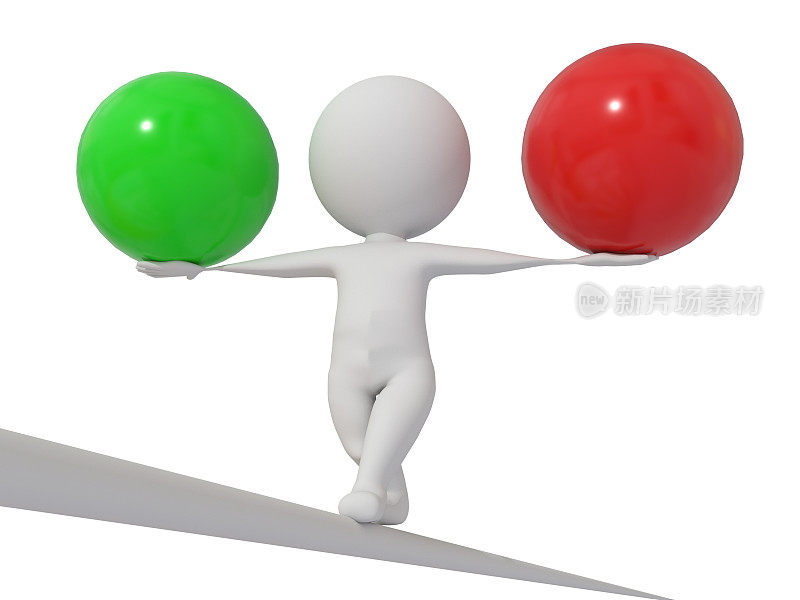 加减+平衡3d人类角色平衡，同时持有一个红色和一个绿色的球积极负- 3d渲染
